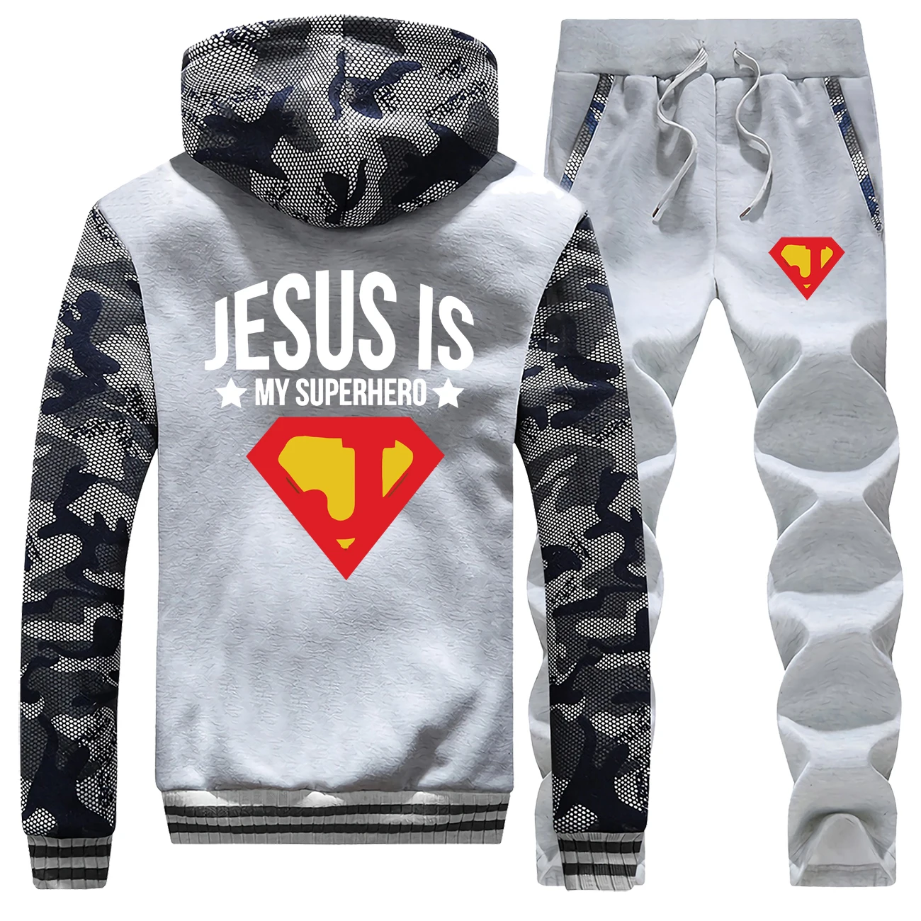 Jesus is my superhero, мужская куртка в стиле хип-хоп, мужские толстовки из плотного флиса, толстовка+ штаны, комплект из 2 предметов, зимнее теплое пальто, мужской спортивный костюм
