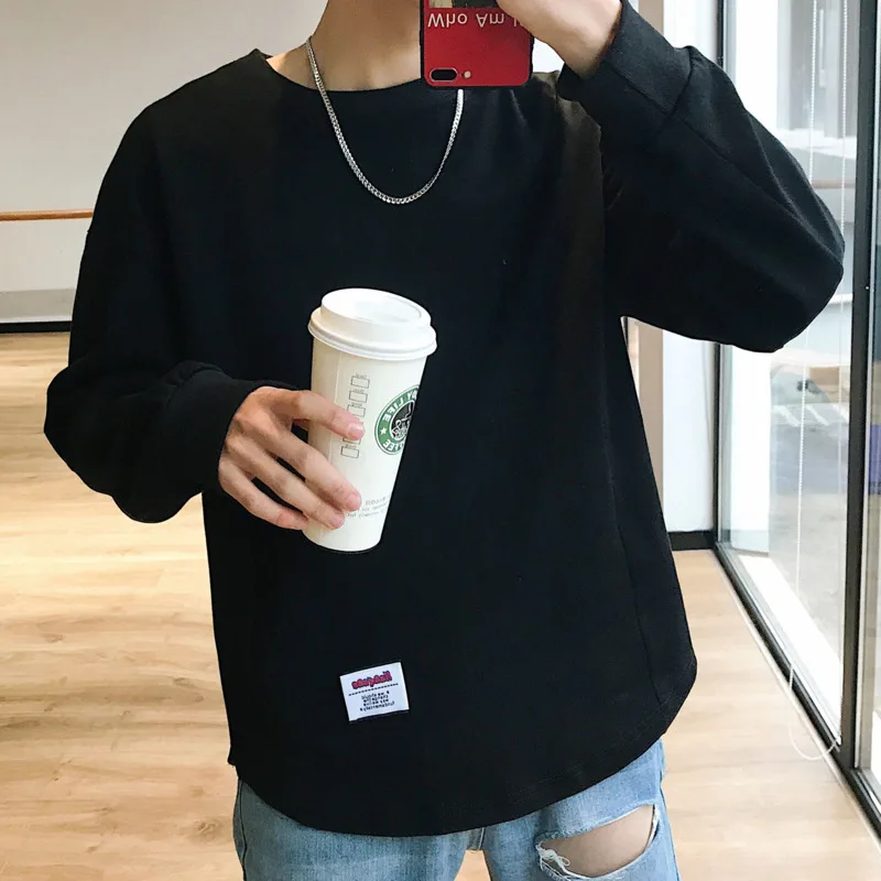 2019 Men's Spring And Autumn New Casual Solid Color Long-sleeved Round Neck T-shirt Loose Harajuku Temperament Trend Cotton