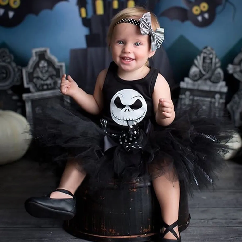 

Infant Toddler Baby Kids Girls Halloween Nightmare Print Sleeveless Fashion Romper+Solid Tutu Skirt Costume Casual Outfits Sets