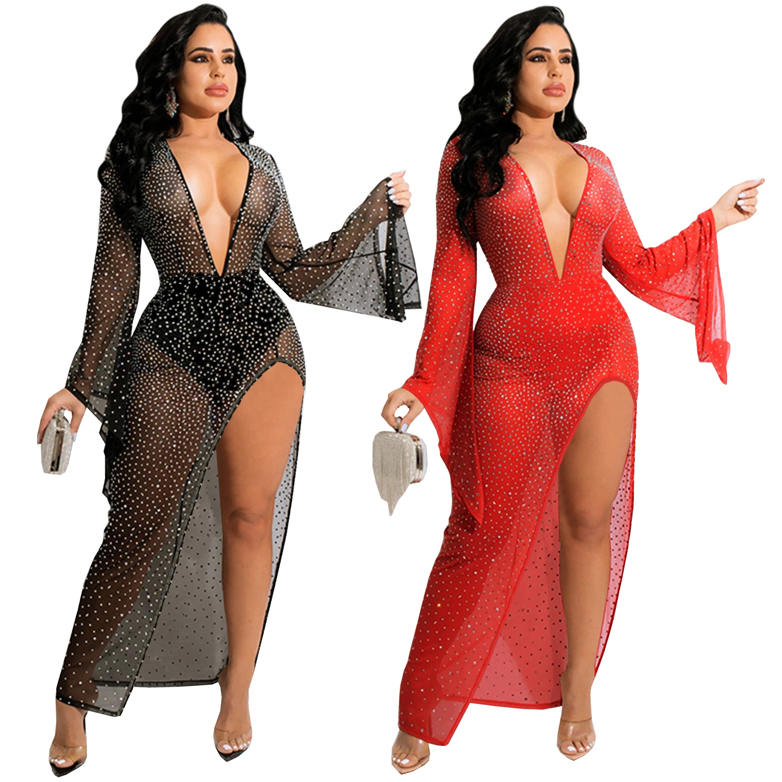 2021 Young Girls Sex Spring Summer Womens Clothing Gilt Sequins High Elastic Transparent Mesh Gauze Dress With Underwear Qm4380 - Bikinis image