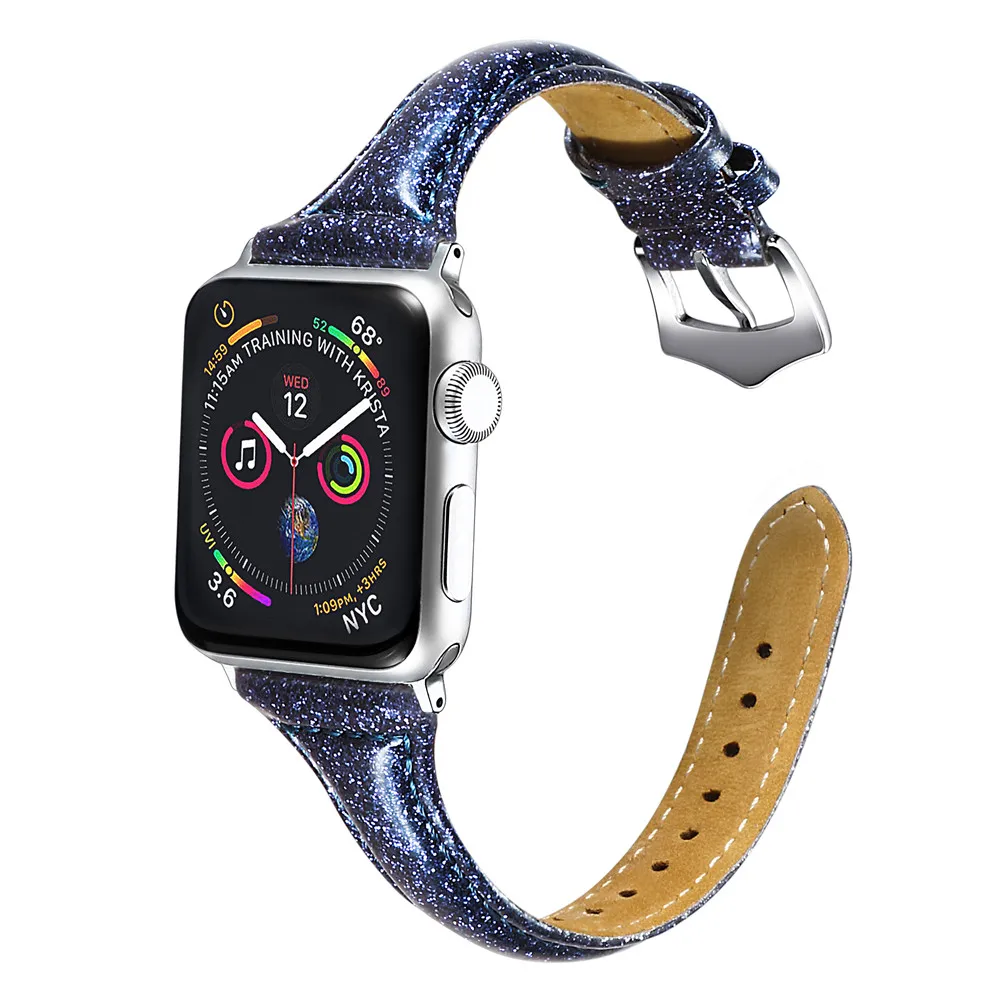 Кожаный ремешок для наручных часов Apple Watch, версии 5, 4, 3, 2, с сияющими блестками наручный ремень тонкий браслет для наручных часов iWatch, 40/44/38 мм/42 мм аксессуары