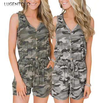 

Lugentolo Women's Jumpsuit Fashion Summer Casual Beach Style Button Belt Explosion Camouflage Print Jumpsuit Women
