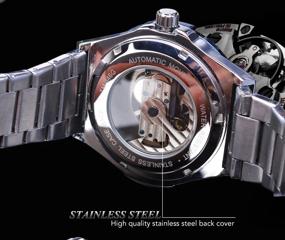 Forsining новые гоночные Мужские механические часы Автоматические спортивные военные прозрачные серебряные качественные часы из нержавеющей стали