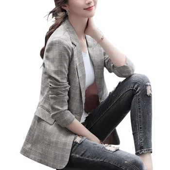 

S-4XL Vintage Office Lady Notched Collar Plaid Women Blazer Single Button Slim Fit Work Office Blazer Professional Suit Ladies