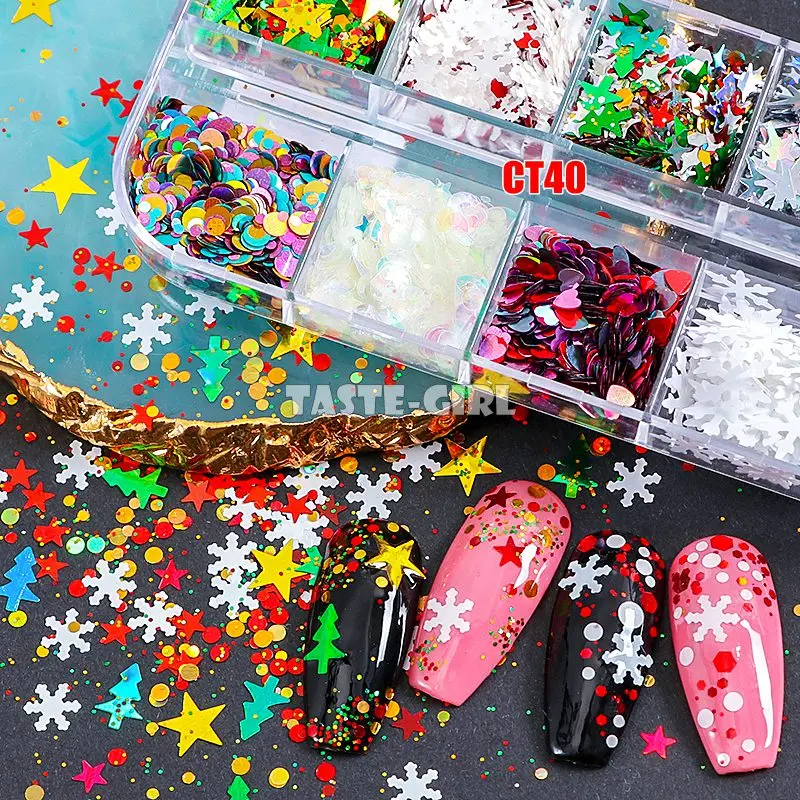 

12 Grids/Set Mix Various Nail Glitter Xmas Tree Snowflake Smile Holo Hexagon Sequins Shell Christmas Nail Art Slice Decoration