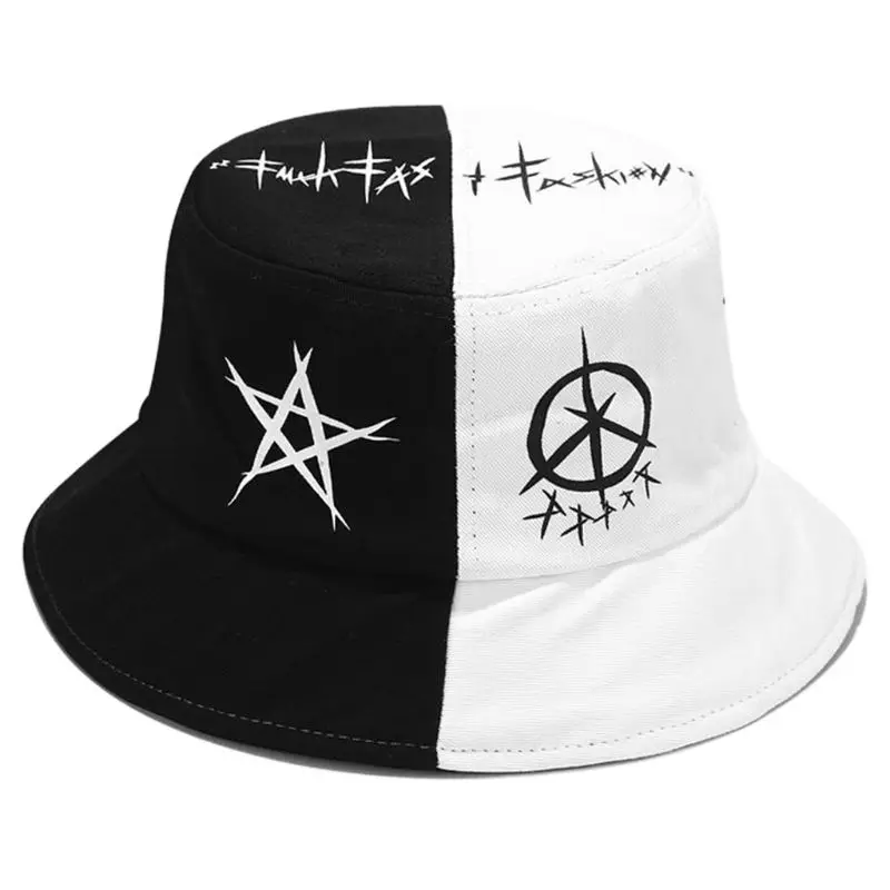 Men Women Summer Black White Color Block Bucket Hat Star Eye Graffiti Printed Patchwork Harajuku Hip Hop Outdoor Fisherman Cap