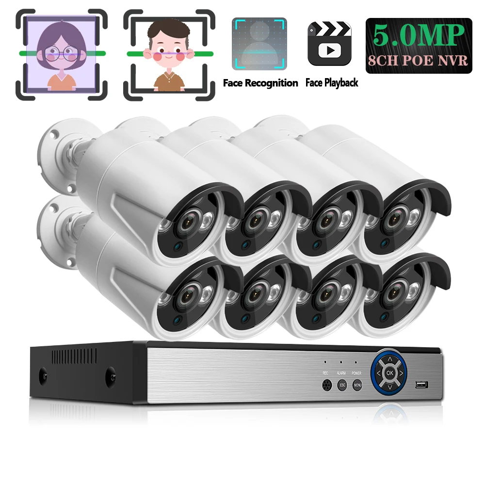 

H.265 8CH 5MP POE Security Camera Face Record System Kit 8PCS 5MP Matrix IP Camera Waterproof CCTV Video Surveillance NVR Set