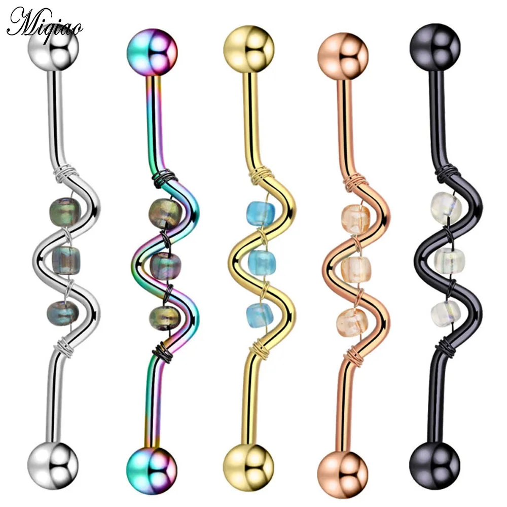 

Miqiao 2 Pcs Piercing Jewelry Hand-woven Bead Bell Industrial Barbell Crossbar European and American New Style Earrings