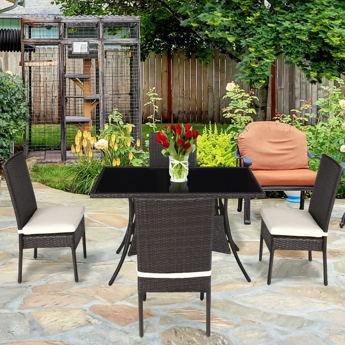 Costway 5 Piece Outdoor Patio Furniture Rattan Dining Table