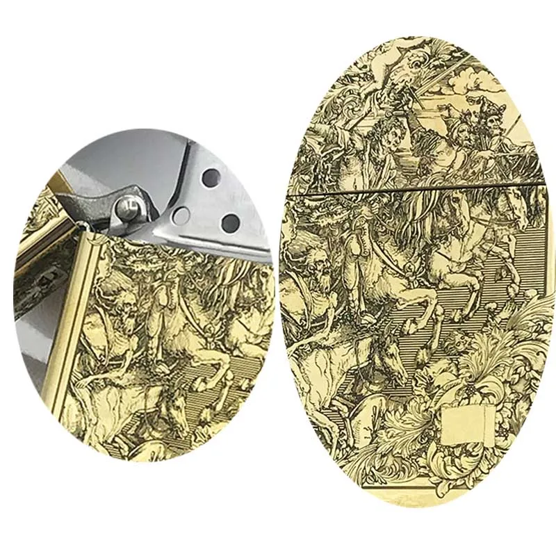 

Lighter New Apocalypse Four Horsemen Kerosene Carved Windproof Grinding Wheel Clamshell Boutique Manufacturer Wholesale