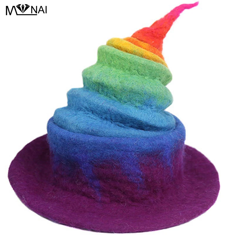 Witch Hat Halloween Street Popular Funny Creative Hats Rainbow Wizard Handmade Woolen Felt Hat Head Wear Cosplay Party