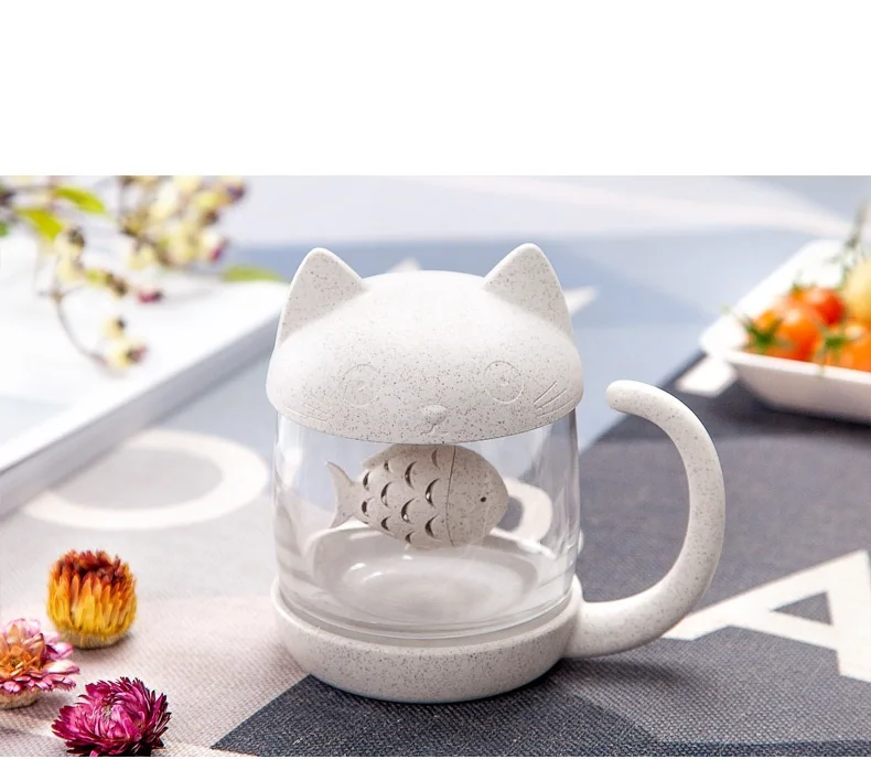 Cute Cat 250ml Glass Cup Tea Mug With Fish Infuser Strainer Filter Tea Cups Home Offices Drinkware Teaware Kitchen Accessories