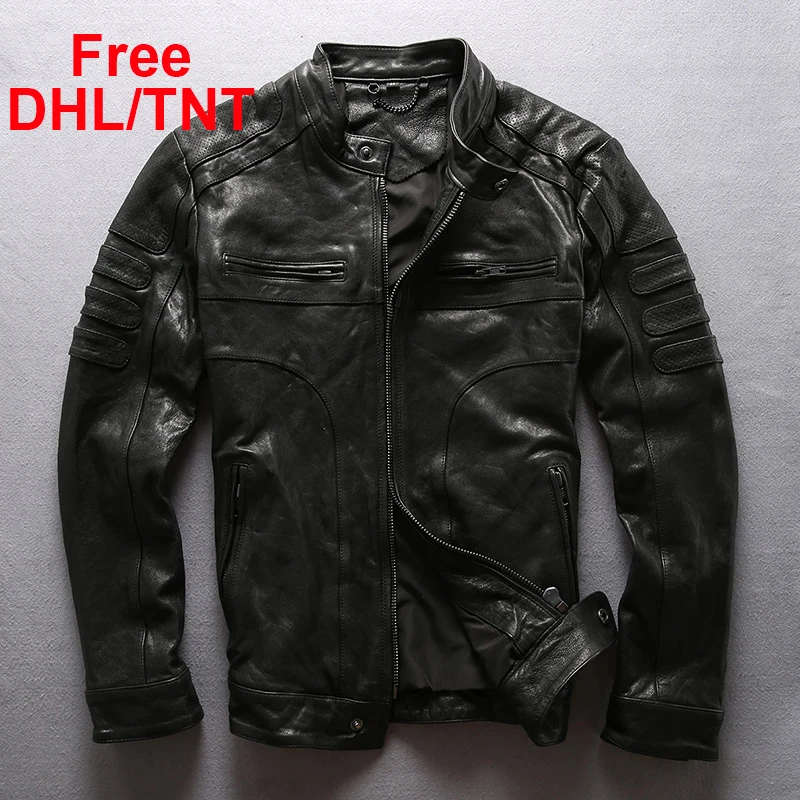 

Men's Genuine Leather Jacket 2020 Vintage Motorcycle Biker Coats Casual Thick Cowhide Slim Fit Jackets Male Free DHL/TNT