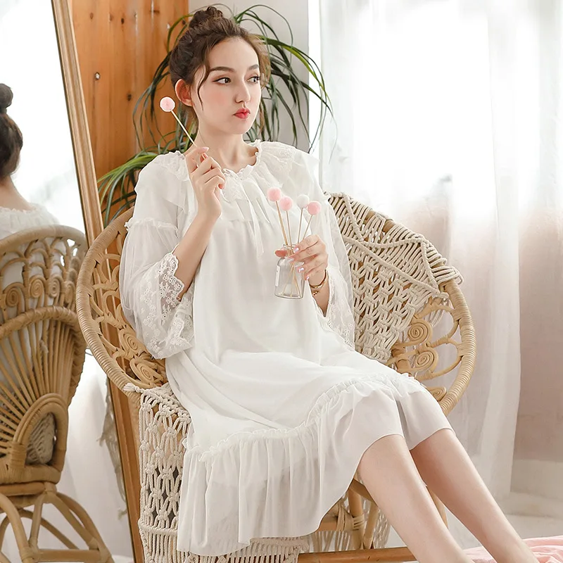 

Palace Nightgown Female Summer Long Sleeve Tracksuit Long Sleeve Sexy Long Skirts Lace Pajamas Spring And Autumn Retro Pure Cott