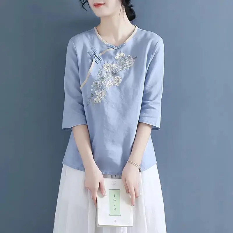New Retro Chinese Women Blouse Traditional Vintage Oblique Shirt Zen Summer Oriental Woman Tops Mandarin Collar Cheongsam