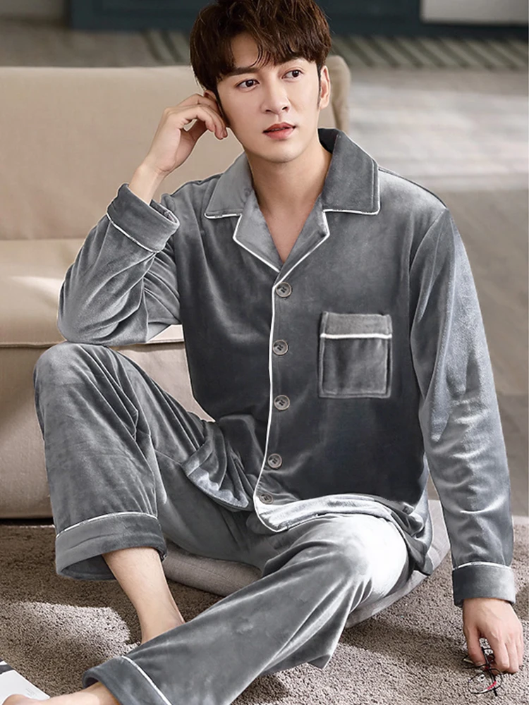Large Size Man Paired Flannel Pajama 2pcs Set Winter Warm Oversize Soft Man Sleepwear Pure Color Home Pants Comfortable Lounge