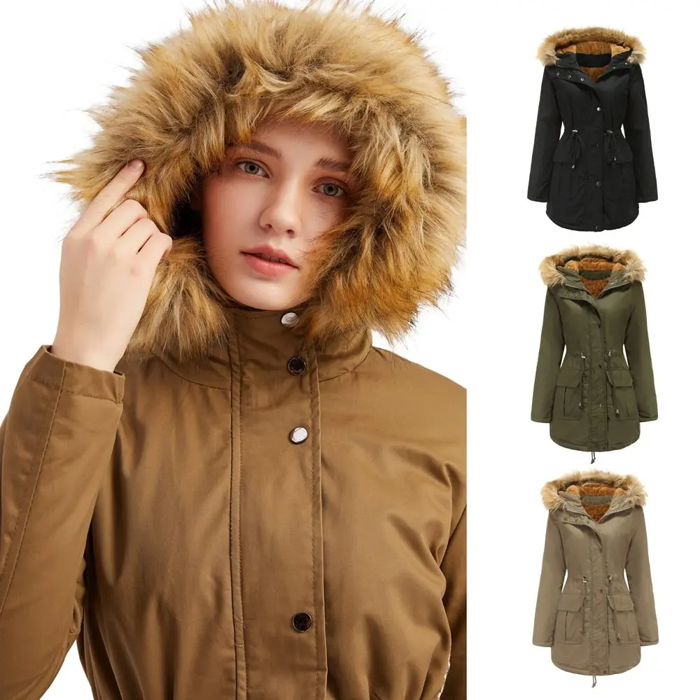 

Women Parka Hooded Warm Winter Coats with Faux Fur Lined Outerwear Fleece Jacket Female overcoat Snow wear Thick Coat Plus Size