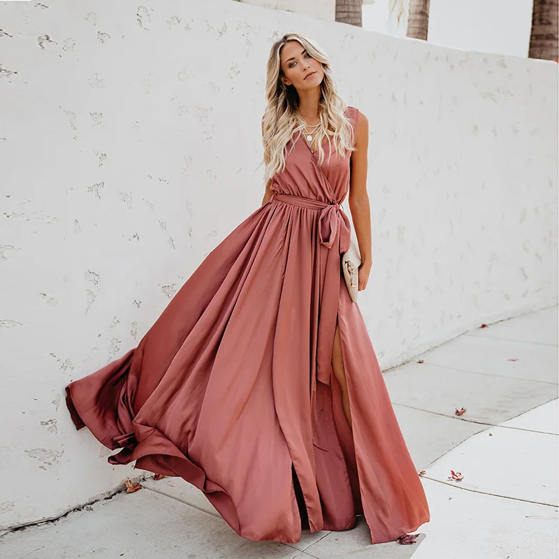 

Yellow Dress Long Maxi Dress Plus Size Sleeveless V Neck Lace Up Split Casual Loose Dress 2020 Ladies Elegant Bohe Beach Dress