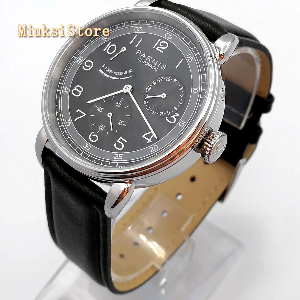 

2019 new Parnis 42mm silver watch case date leather automatic movement men's luxury mechanical watch fashion gift