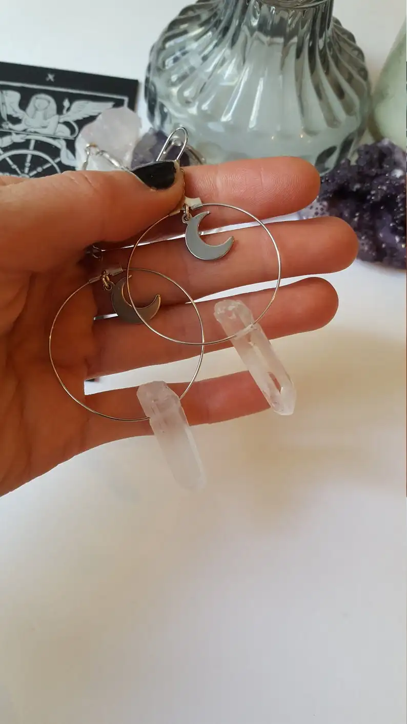Серьги-кольца из прозрачного кварца и хрусталя-бохо, колдовство, камни, небесная, альтернатива, нуготы, готика, романтика, серьги