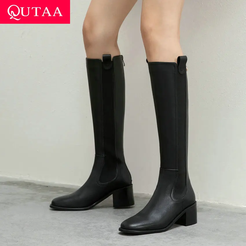 

QUTAA 2021 Round Toe Slip On Mid Calf Boots Autumn Winter Cow Leather PU Long Boots Square Heel All Match Women Shoes Size 34-39