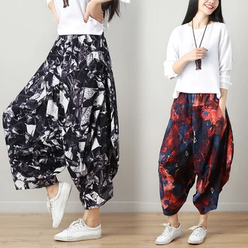 

Summer Cotton Linen Oversize Pants Vintage Loose Pockets Thin Plus Size Harem Pants Print Ethnic Bloomers Women