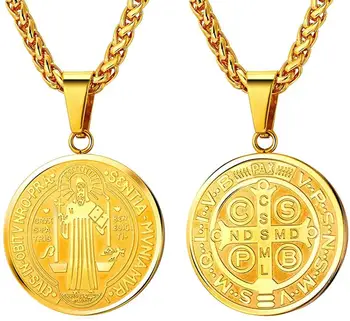 

U7 Saint Benedict Medal Necklaces Gold /Stainless Steel Cross Pendants & Chain Catholicism Jewelry For Men Father's Gift P763