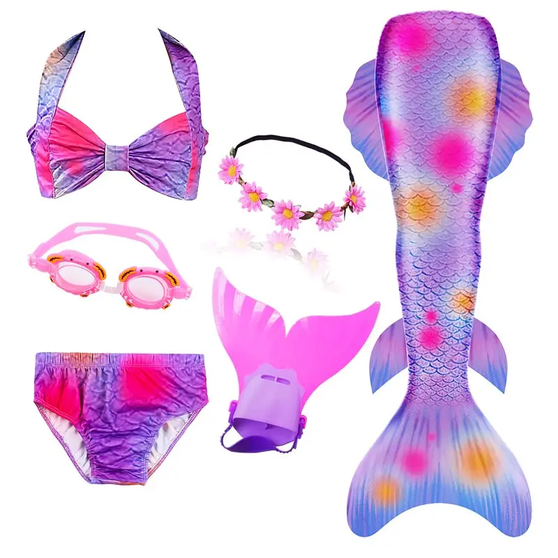 Детский хвост русалки для купания с монофина Флиппер для девочек, купальный костюм, костюм русалки, костюм купальник с гирляндой