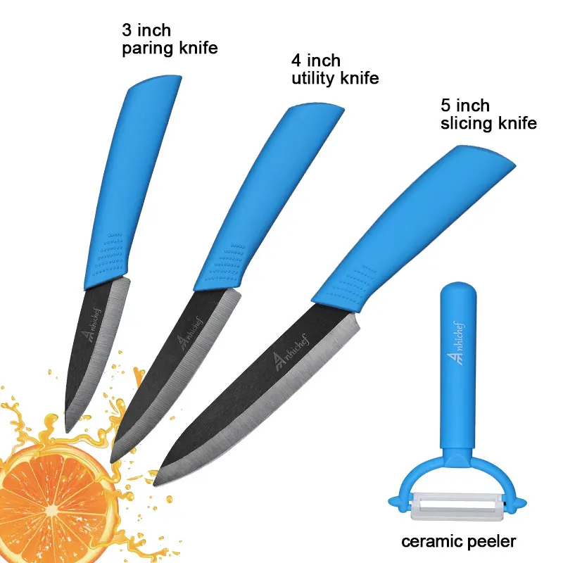 3 Blue Knife Set Кухонный нож, керамический нож, набор для приготовления пищи " 4" " 6" дюймов+ Овощечистка, черное лезвие, нож для очистки овощей и фруктов, нож для шеф-повара, кухонные инструменты - Цвет: 3 Blue Knife Set