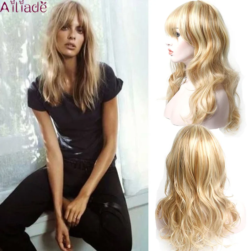 

AILIADE Women's Blonde Wigs Long Natural Wave Heat Resistant Synthetic Hair Wigs With Bangs African American Cosplay False Hair
