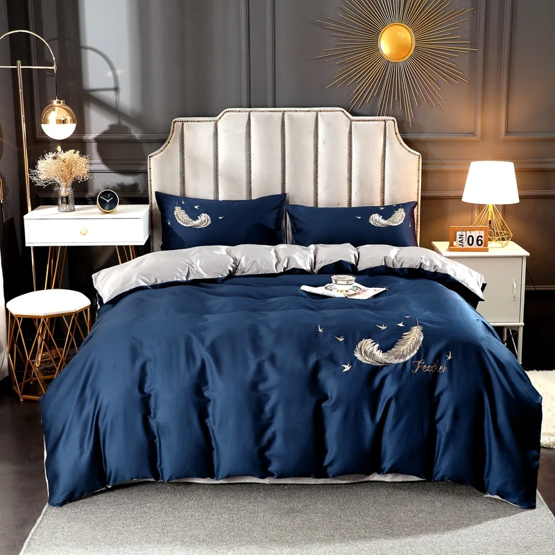Feather Embroidered Pink Green Grey Royal Blue Bedding Set Queen King Size Duvet Cover Bed Sheets Pillowcase High Quality Cotton | Дом и сад