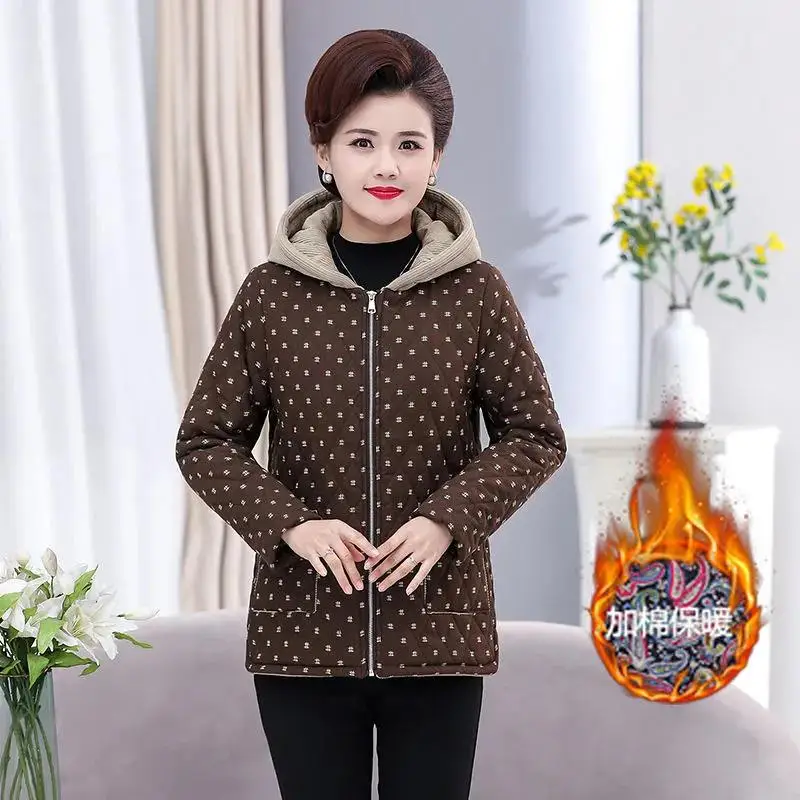 

2021 Winter New Cotton Coat Female Thick Warm Printing Padded Jackets Mother Wear Short Hooded Elegant Jacket XL-5XL Outerwear