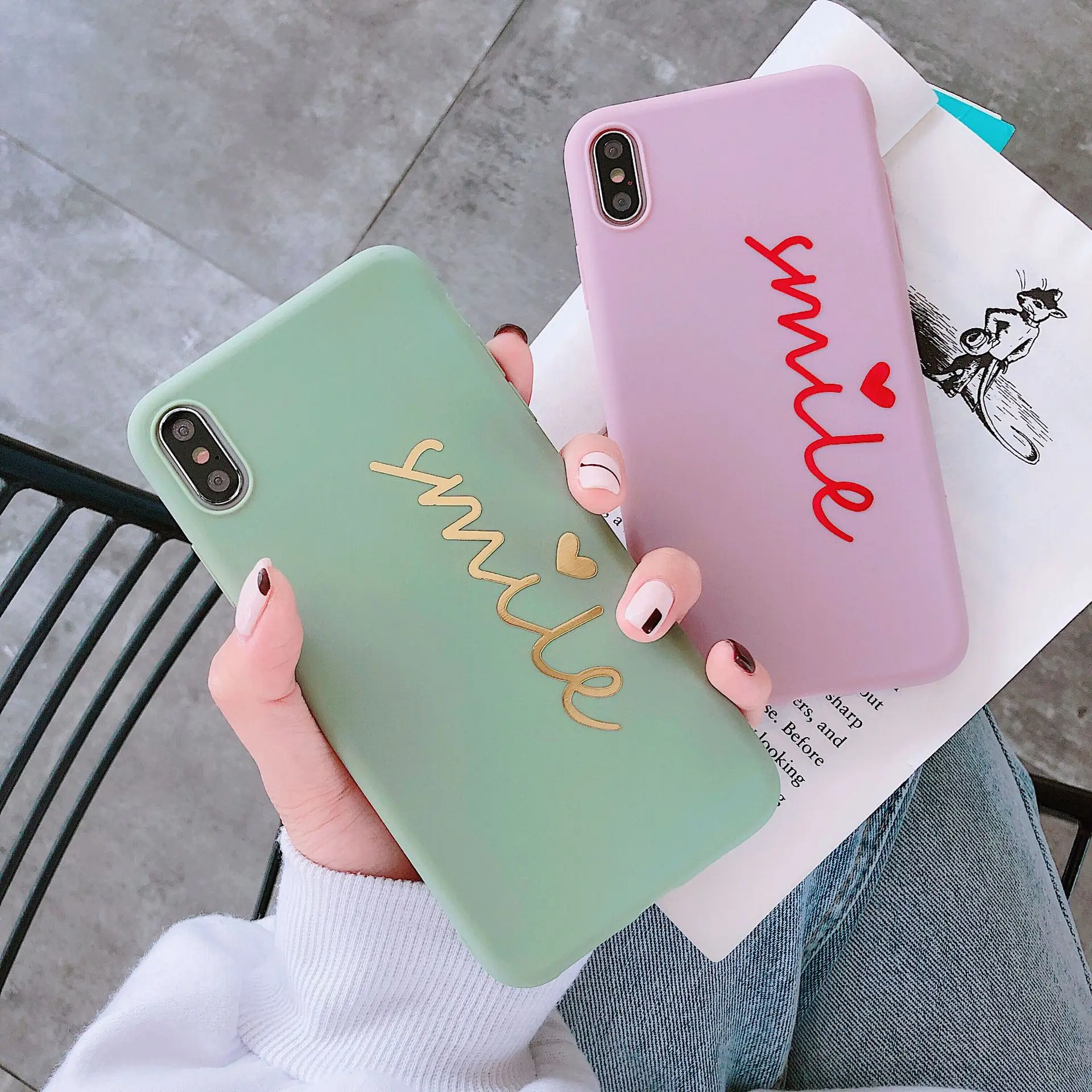 

Cartoon Smile Love Heart Pattern Phone Case For iPhone 6 6s 7 8 Plus X XS Max XR Avocado Green Simple Letters Soft Cover Cases