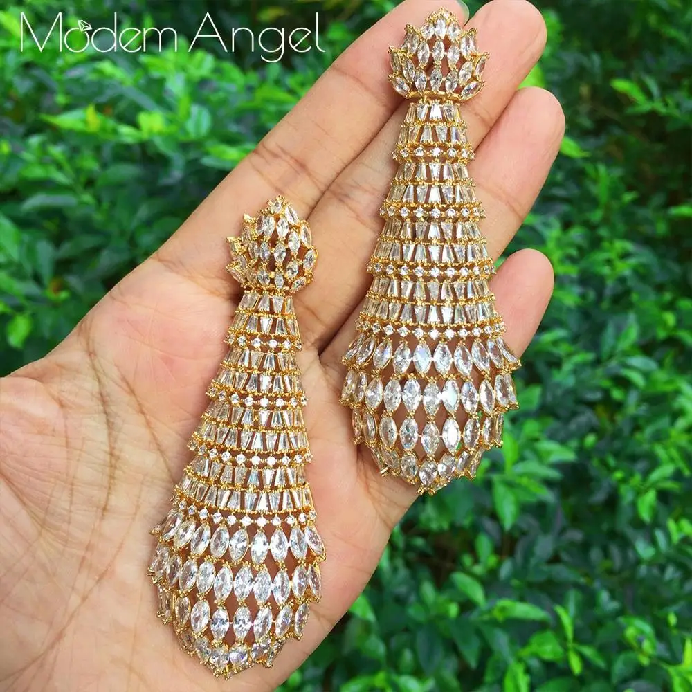 

ModemAngel Sparkling Cubic Zirconia Stones Luxury Water Drop Dubai Indian Gold Vintage Flower Earrings for Women