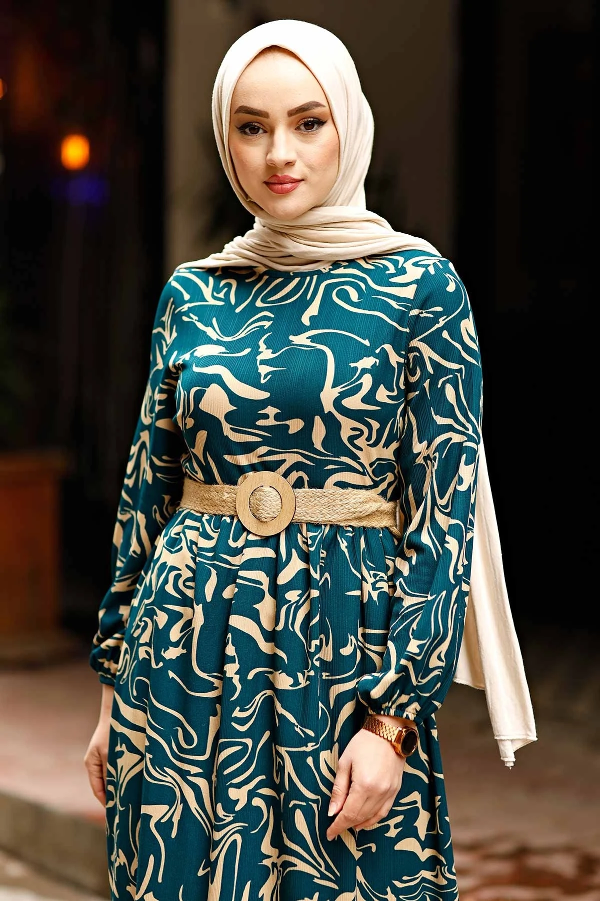 Straw Belt Wave Pattern Dress Ramadan 