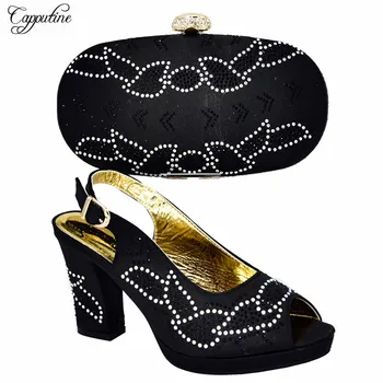 

Most fashion black party high heel shoes matching with clutch handbag set with rhinestones 528-4, heel height 10cm