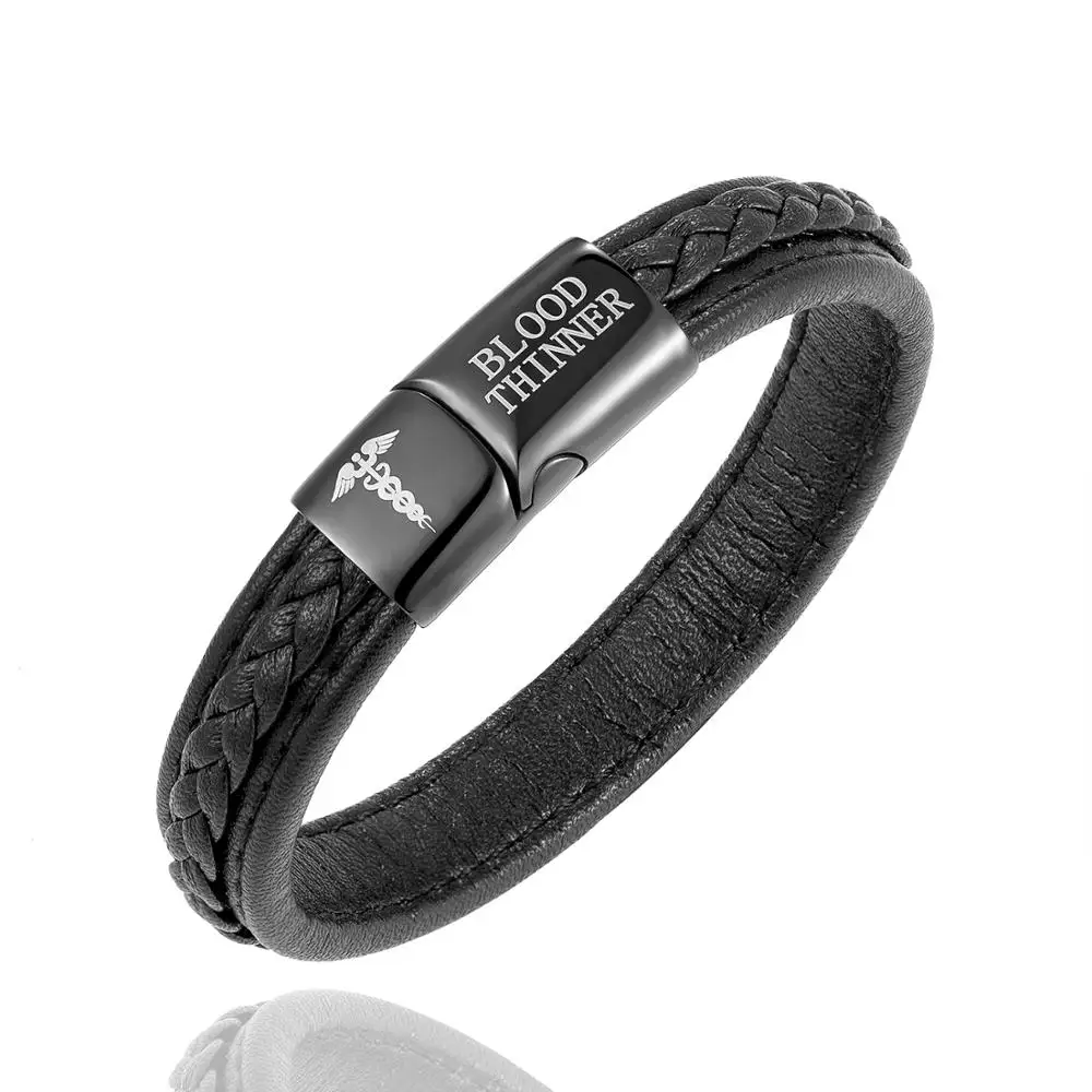 

Medical Emergency Alert Bracelet Diabetes 1 Reminder Jewelry Leather Black Stainless Steel Bracelet Custom Jewelry