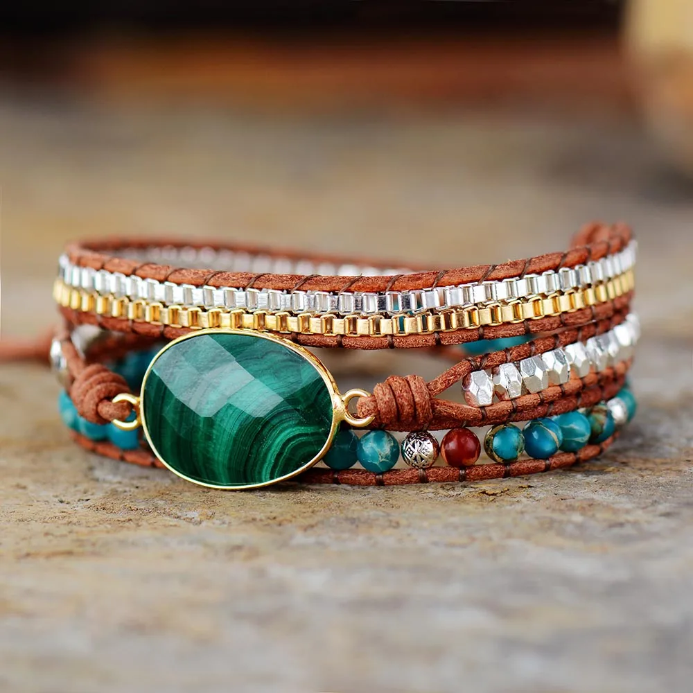 Multi Strands Malachite Leather Wrap Bracelets W/ Natural Stone Chain Beaded Bracelet Teengirls Bohemian Jewelry Dropship