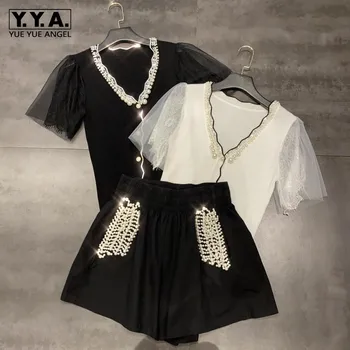 

Summer Women Lace Sleeve V Neck Pearls T-shirt Casual Shorts Two Piece Set Knitwear Tops Elastic Waist Shorts Tracksuit Outfits