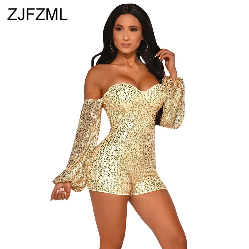 

Sparkly Sequins Sexy One Piece Playsuit Women Slash Neck Open Back Bandage Short Jumpsuit Party Club Long Sleeve Skinny Bodysuit