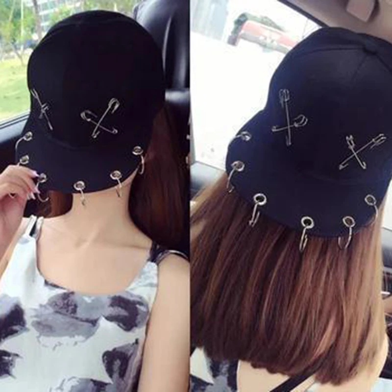 New men women hat Harajuku Tide Fahsion Pin Iron Ring Hip Hop Cap Rivet Snapback Baseball Caps Punk Rock Style Black Hats