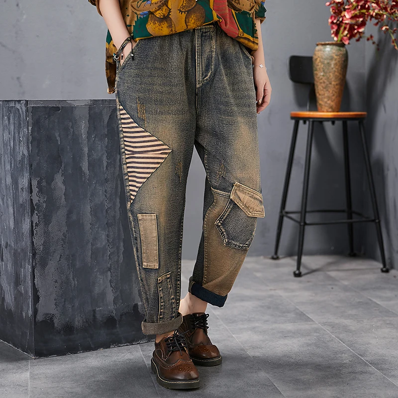 

Women's Jeans Boyfriends New Spring Loose Stripe Patckwork Pockets Rolled Up Cuff High Street Full Length Pants Women Jeans 2019
