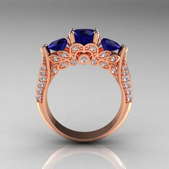 Роскошное женское маленькое голубое круглое кольцо с камнем 18 К розовое золото