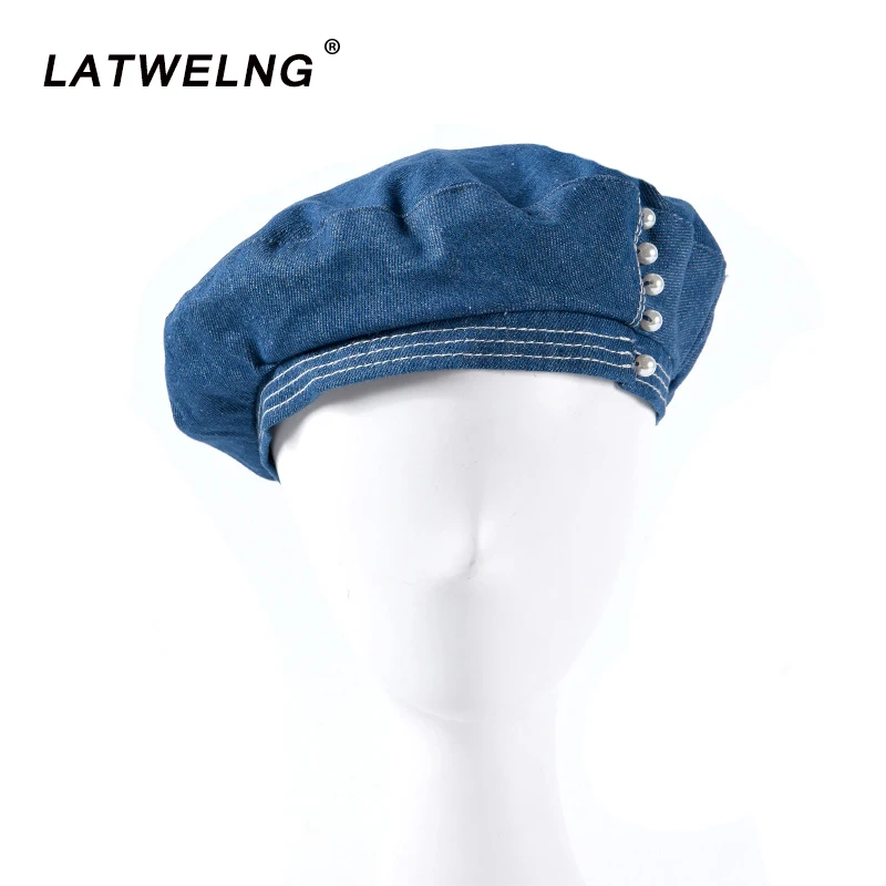 

2020 New 4 Season Women Pearl Berets Casual Denim Cap Ladies Black French Caps Elastic Head Circumference Korean Hats Wholesale