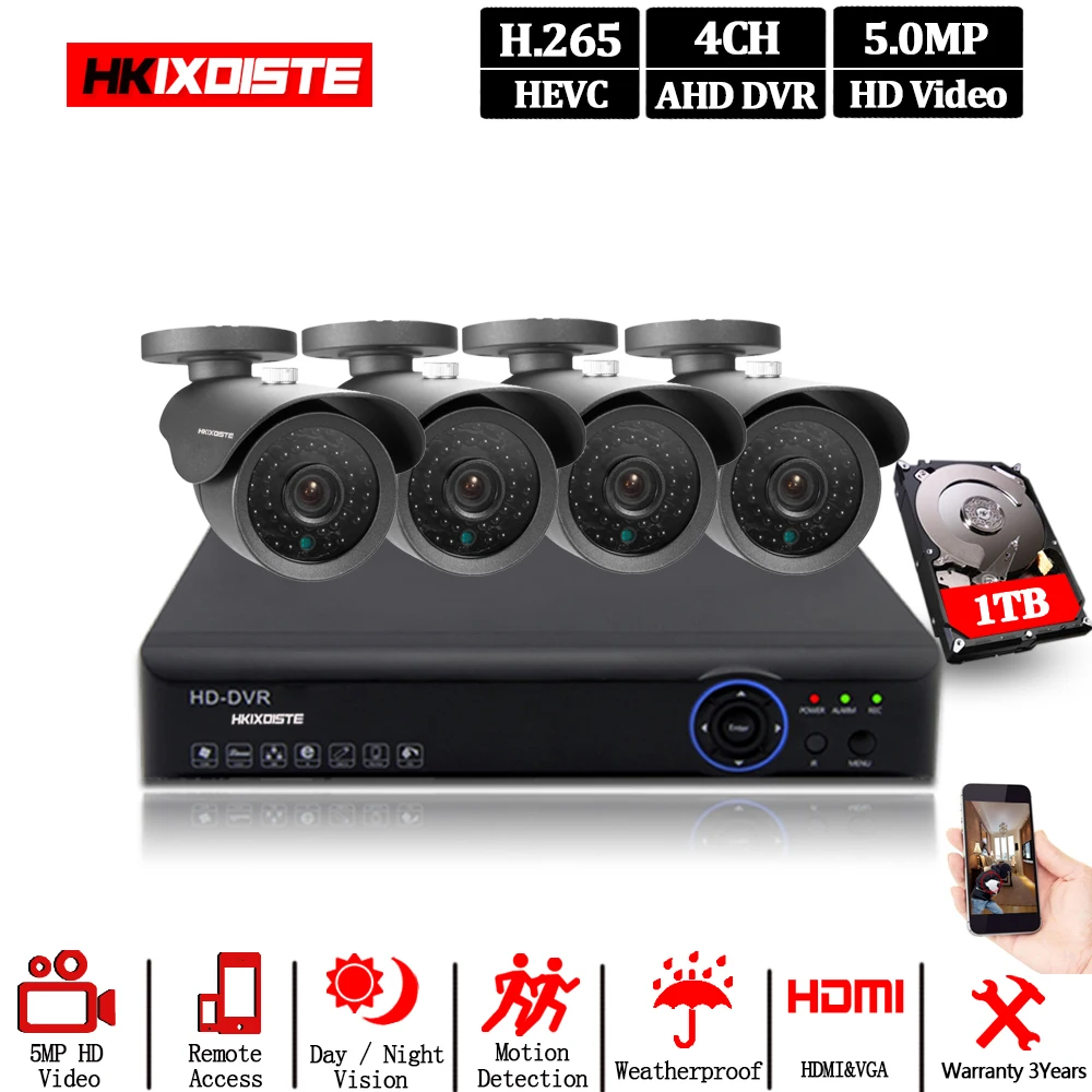  4CH 5MP CCTV DVR Home Security Camera System 4*5.0MP Waterproof indoor Outdoor IR Light Night Visio - 4.00019E+12