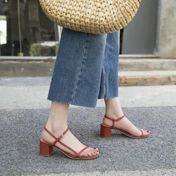 

EshtonShero Women Sandals Summer Shoes Woman Square Med Heels Platform Genuine Leather Ankle Strap Ladies Wedding Shoes Size 3-9