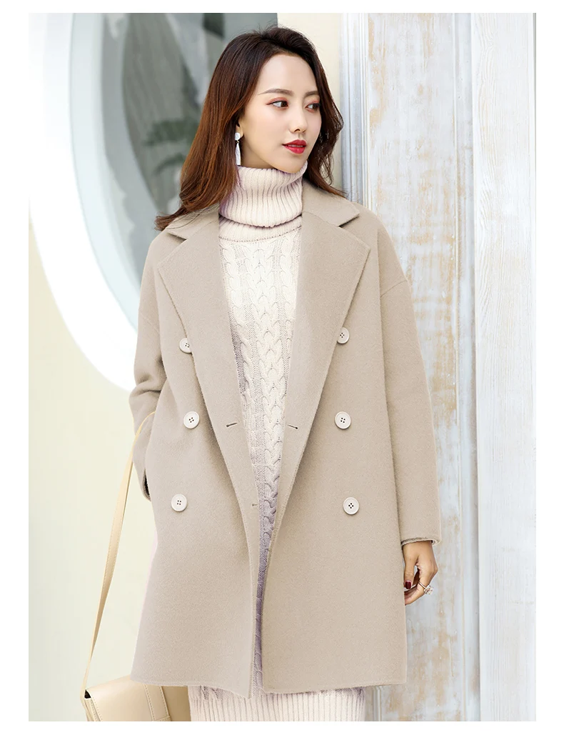 Осенние новые модные длинные кашемировые пальто женские повседневные двубортные пальто из альпаки одноцветные шерстяные женские куртки