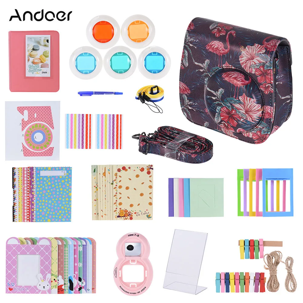 Andoer 14 в 1 комплект аксессуаров для Fujifilm Instax Mini 9/8/8+/8s w/чехол для камеры+ ремень+ наклейка+ селфи объектив+ другие аксессуары