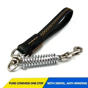 

Dog Short chain leash Explosion proof large dog lead PU leather handle big dog leashes Spring buffer black metal поводок