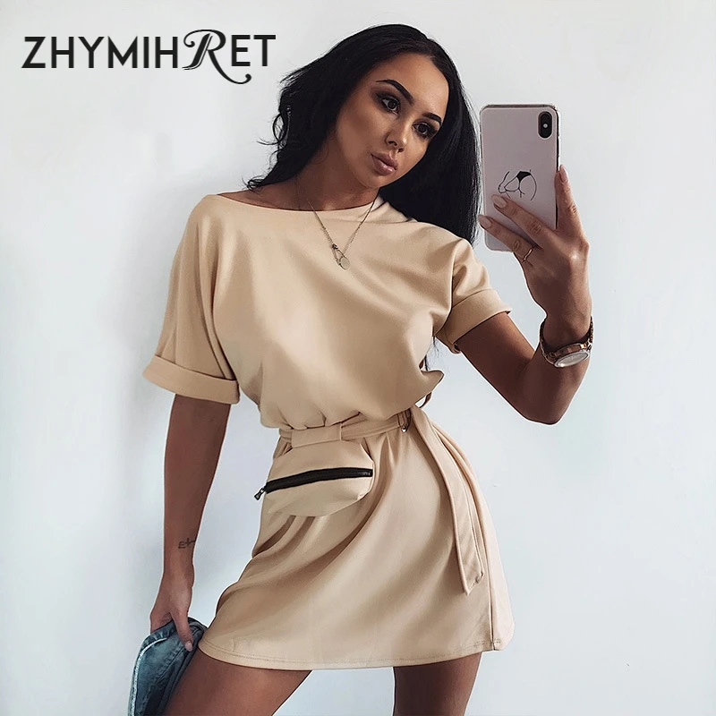 ZHYMIHRET 2020 Khaki T Shirt Dress With Waistbag Short Sleeve Sashes Straight Summer Dress Women Casual Mini Vestido De Mujer ZHYMIHRET 2020 Khaki T Shirt Dress With Waistbag Short Sleeve Sashes Straight Summer Dress Women Casual Mini Vestido De Mujer